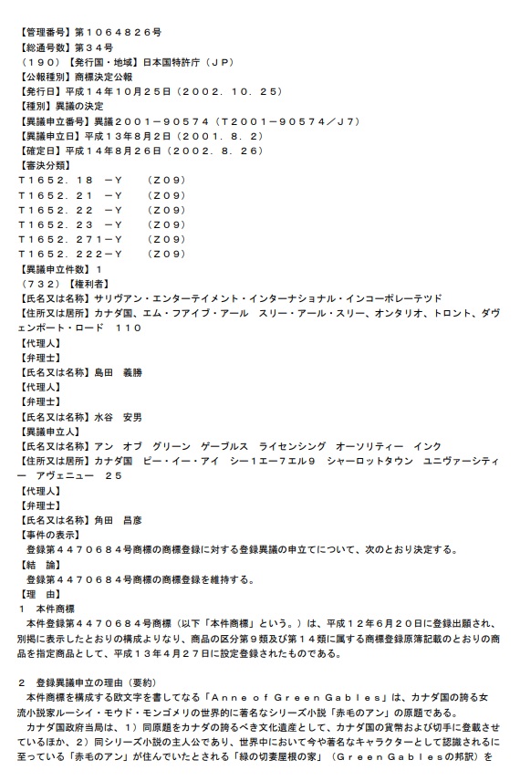 異議２００１－９０５７４ 異議の決定